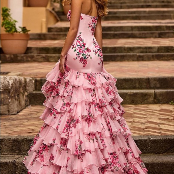Sherri Hill Pink Strapless Ruffled Gown - Picture 3 of 3